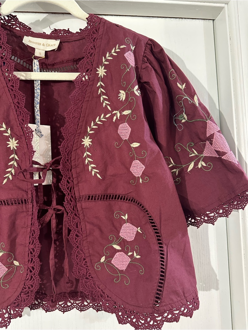 Women’s Embroidered Lace-Up Blouse - Burgundy - Picture 2 of 4